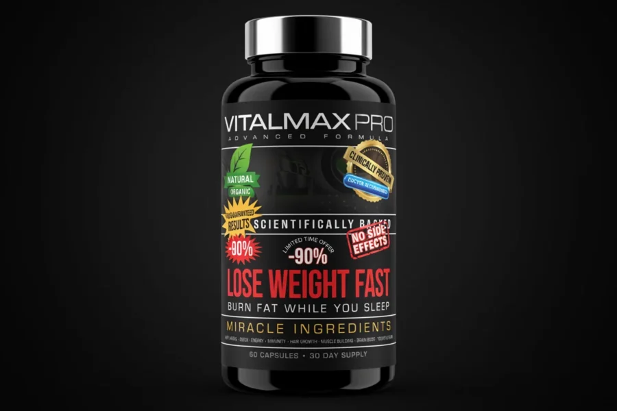 Photo d'un flacon noir de VitalMax Pro affichant les mentions Lose Weight Fast et Miracle Ingredient.