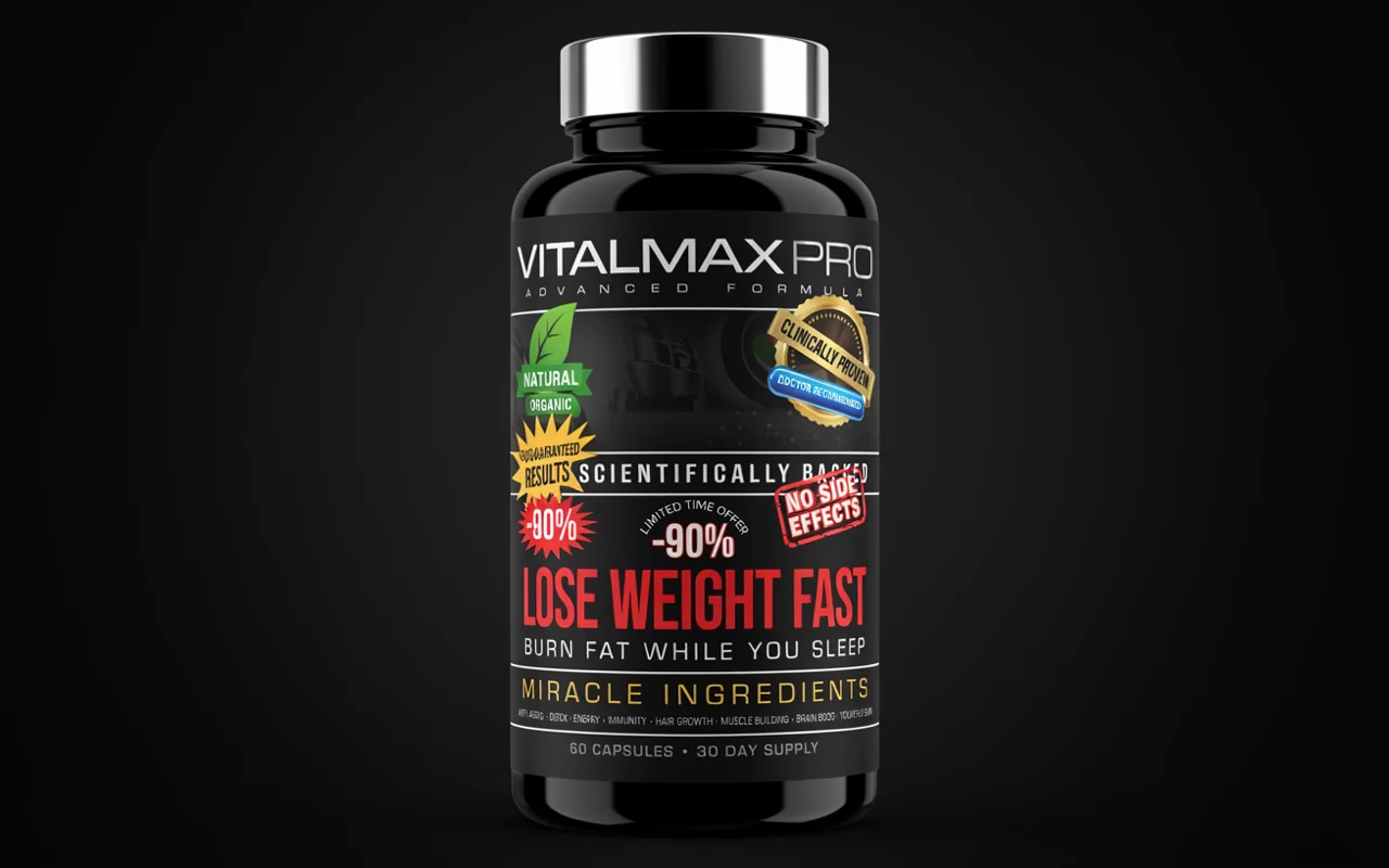Photo d'un flacon noir de VitalMax Pro affichant les mentions Lose Weight Fast et Miracle Ingredient.