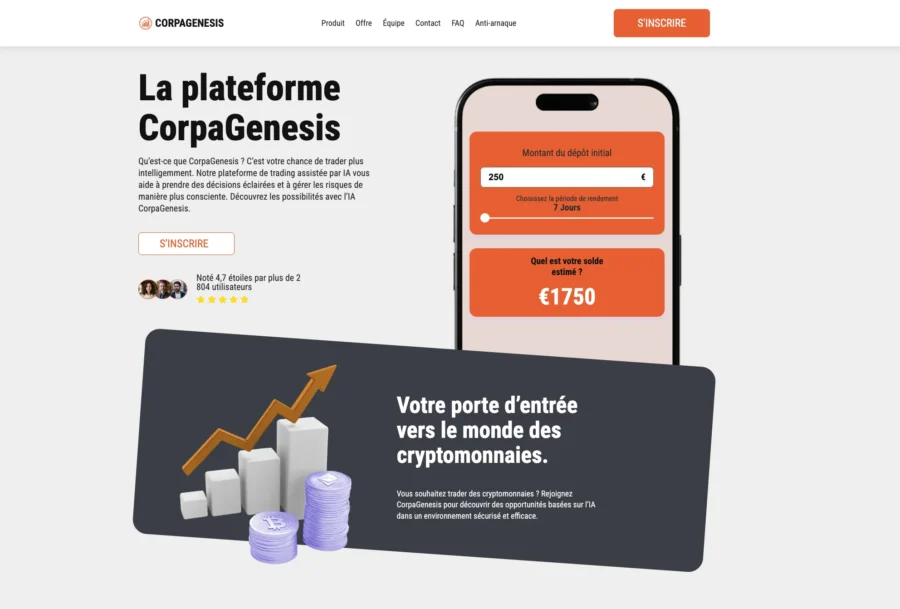 Interface web de CorpaGenesis affichant un smartphone avec une application orange et un graphique en hausse. Le slogan de la plateforme est visible accompagné de symboles de pièces cryptographiques.