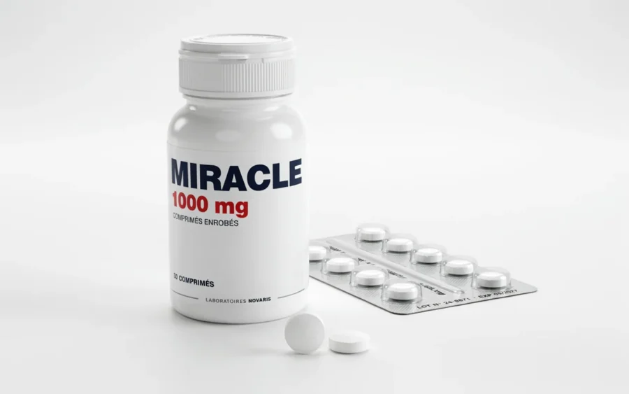 Bocaux de compléments Miracle 1000 mg avec des comprimés blancs visibles sur fond neutre.