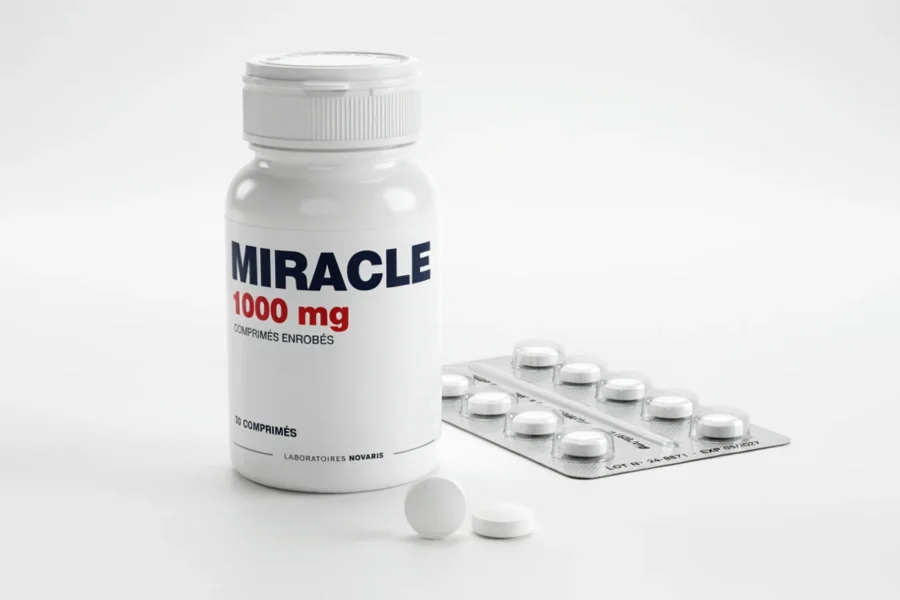 Bocaux de compléments Miracle 1000 mg avec des comprimés blancs visibles sur fond neutre.