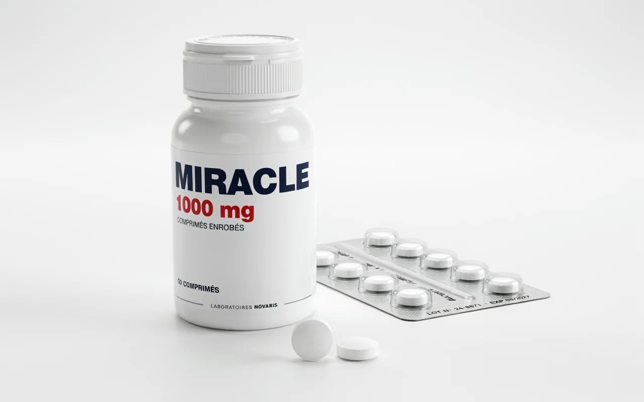 Bocaux de compléments Miracle 1000 mg avec des comprimés blancs visibles sur fond neutre.