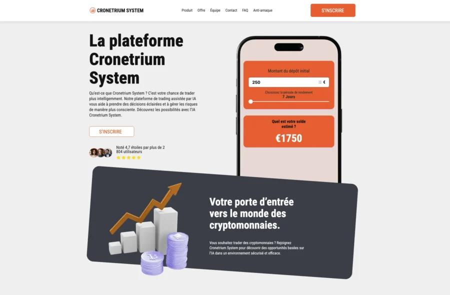 Page de présentation de la plateforme Cronetrium System affichant un smartphone et des graphiques.