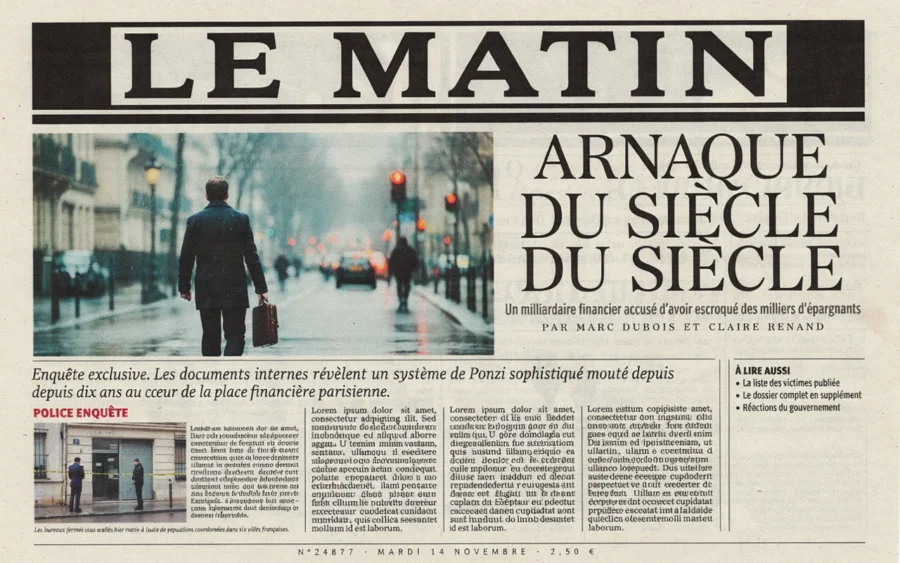 Page de une du quotidien Le Matin consacrée à une arnaque financière historique.