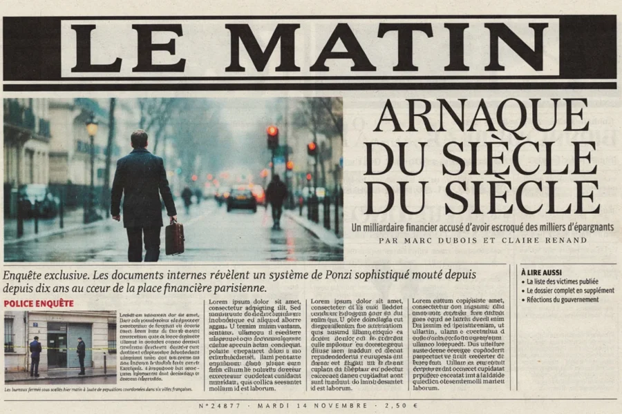 Page de une du quotidien Le Matin consacrée à une arnaque financière historique.