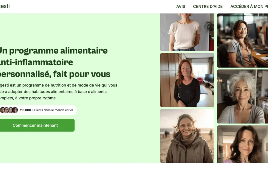 Mise en avant de Digesti avec un titre sur le programme alimentaire anti-inflammatoire personnalisé et une galerie de portraits.