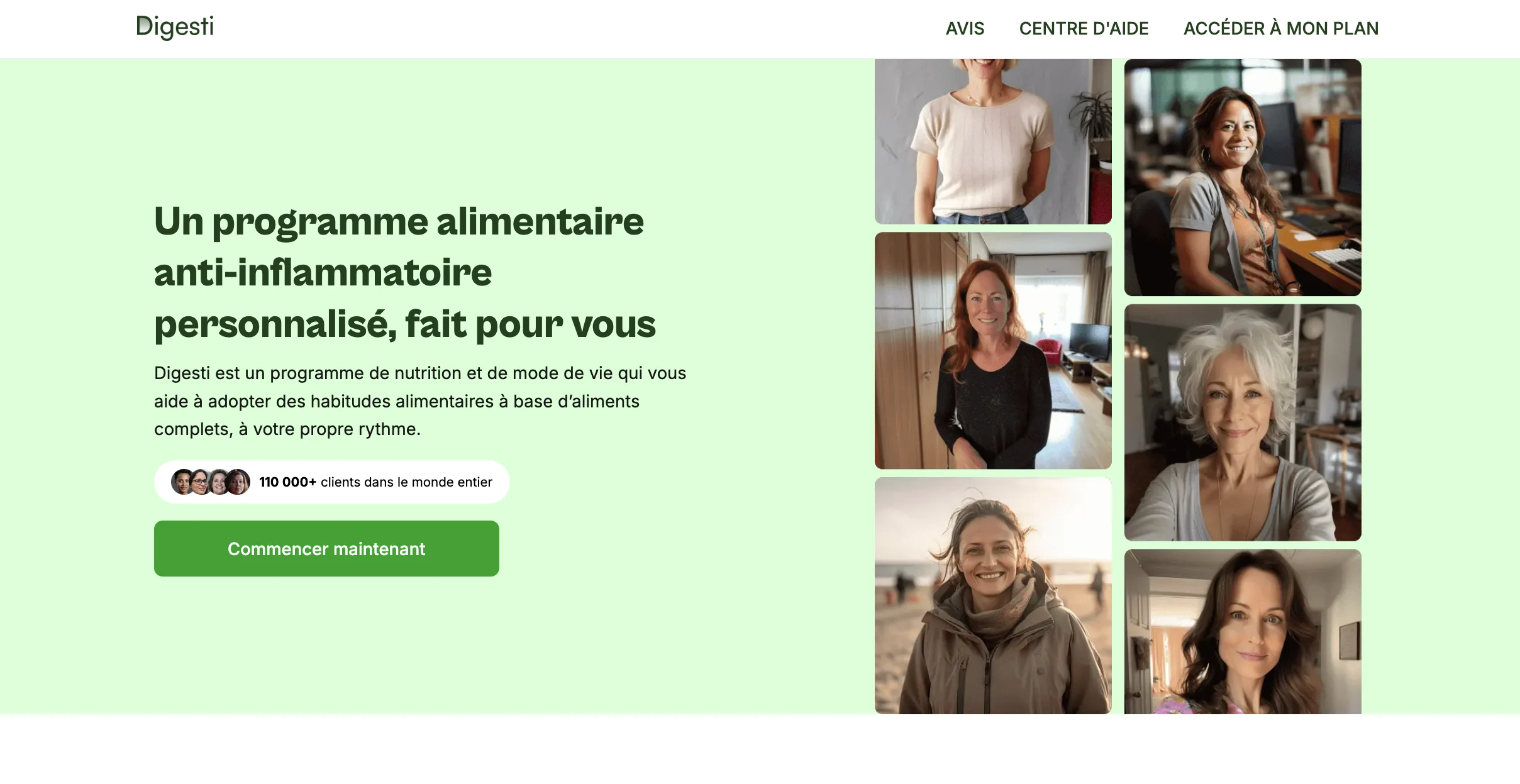Mise en avant de Digesti avec un titre sur le programme alimentaire anti-inflammatoire personnalisé et une galerie de portraits.