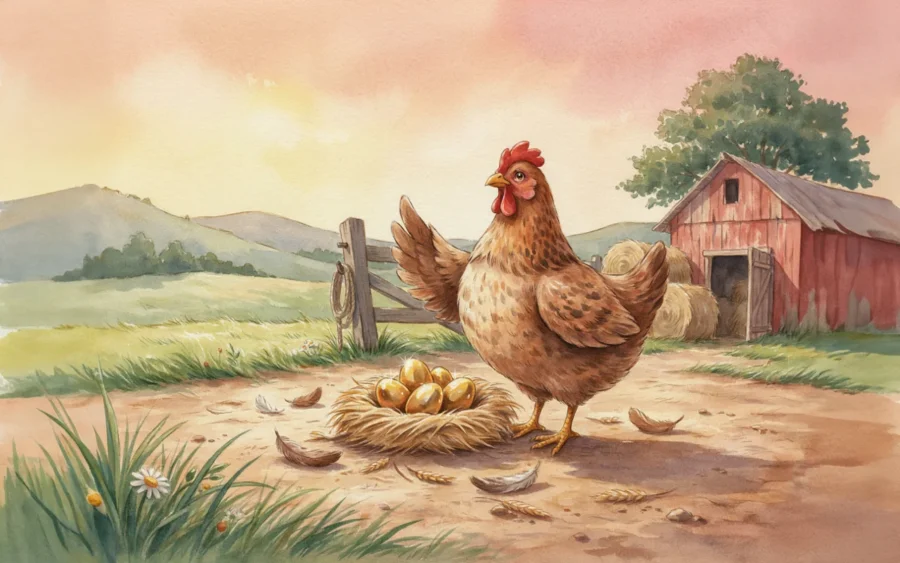 Poule debout devant un nid contenant plusieurs œufs d'or, dans une scène de ferme à l'arrière-plan boisé.