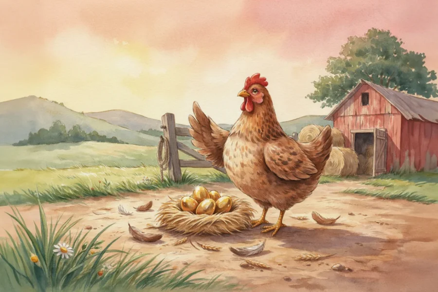 Poule debout devant un nid contenant plusieurs œufs d'or, dans une scène de ferme à l'arrière-plan boisé.