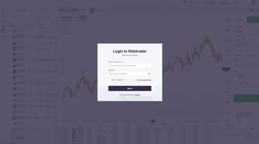 Fenêtre de connexion superposée à une interface de négociation financière avec des graphiques boursiers en arrière-plan.