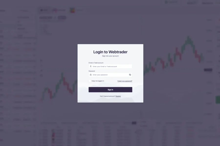 Fenêtre de connexion superposée à une interface de négociation financière avec des graphiques boursiers en arrière-plan.