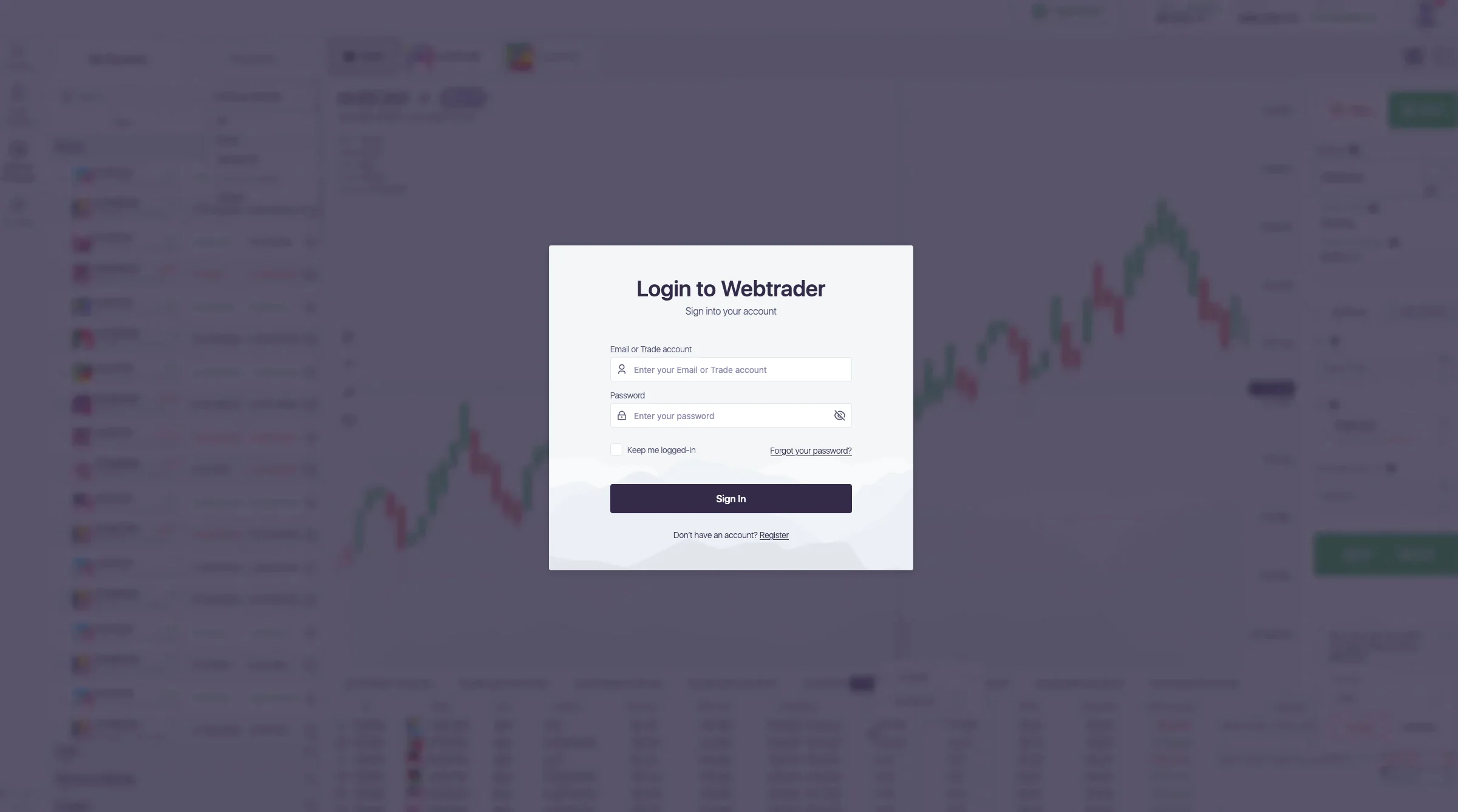 Fenêtre de connexion superposée à une interface de négociation financière avec des graphiques boursiers en arrière-plan.