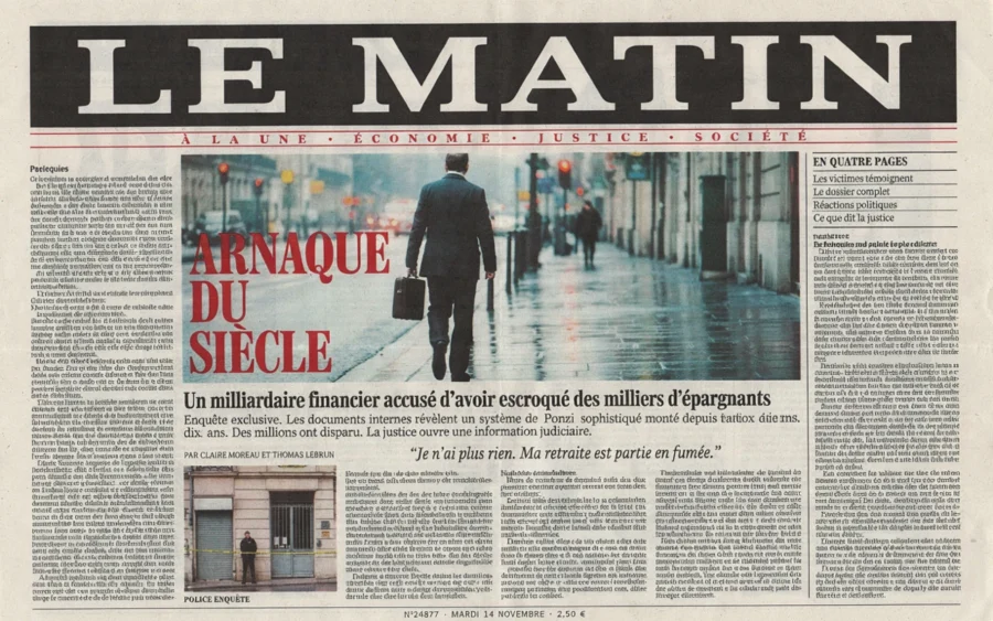 Page une du journal Le Matin avec le titre Arnaque du siecle et une photo d'homme en costume.
