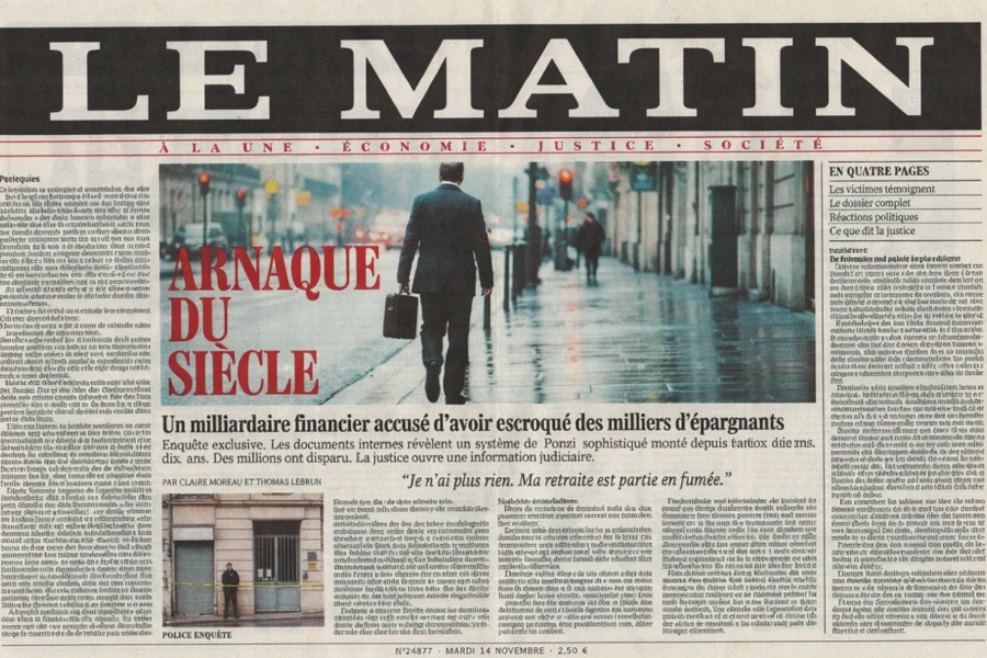 Page une du journal Le Matin avec le titre Arnaque du siecle et une photo d'homme en costume.