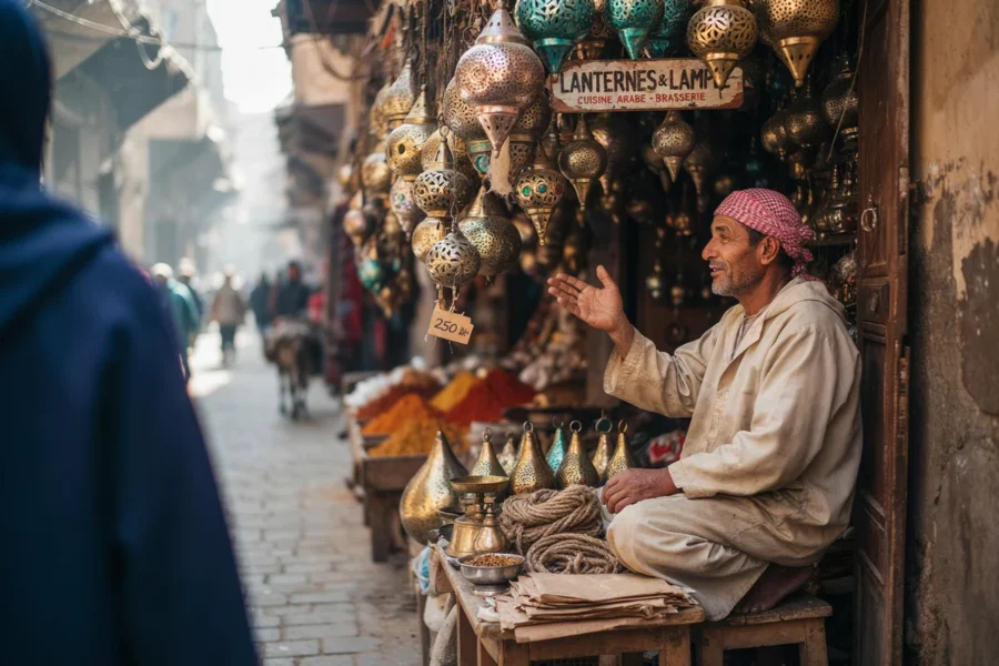 Un homme assis devant un étal de lanternes dans une ruelle de marché traditionnel en Afrique du Nord.