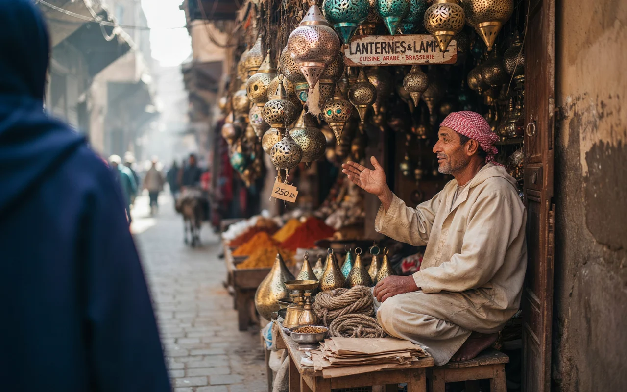 Un homme assis devant un étal de lanternes dans une ruelle de marché traditionnel en Afrique du Nord.