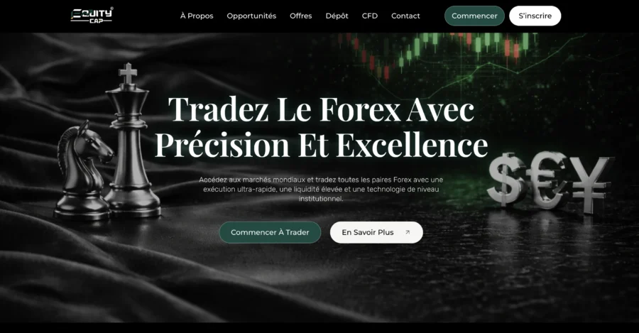 Page web de courtier forex avec pièce d'échiquier et symboles de devises