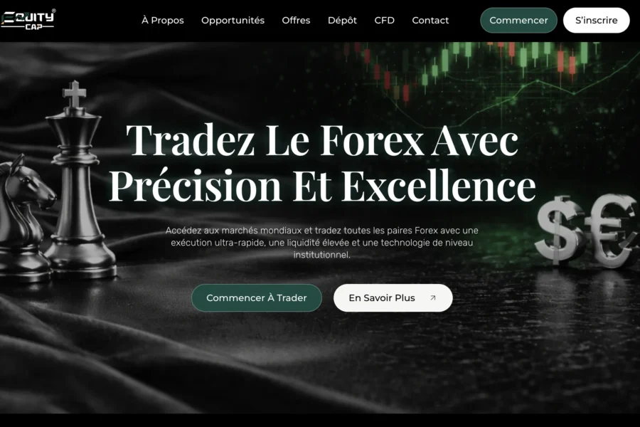 Page web de courtier forex avec pièce d'échiquier et symboles de devises