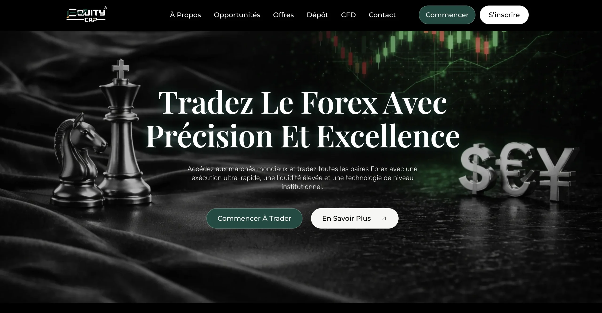 Page web de courtier forex avec pièce d'échiquier et symboles de devises