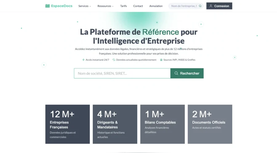 Capture d'écran de la plateforme BusinessData montrant des statistiques sur les entreprises françaises et les dirigeants.