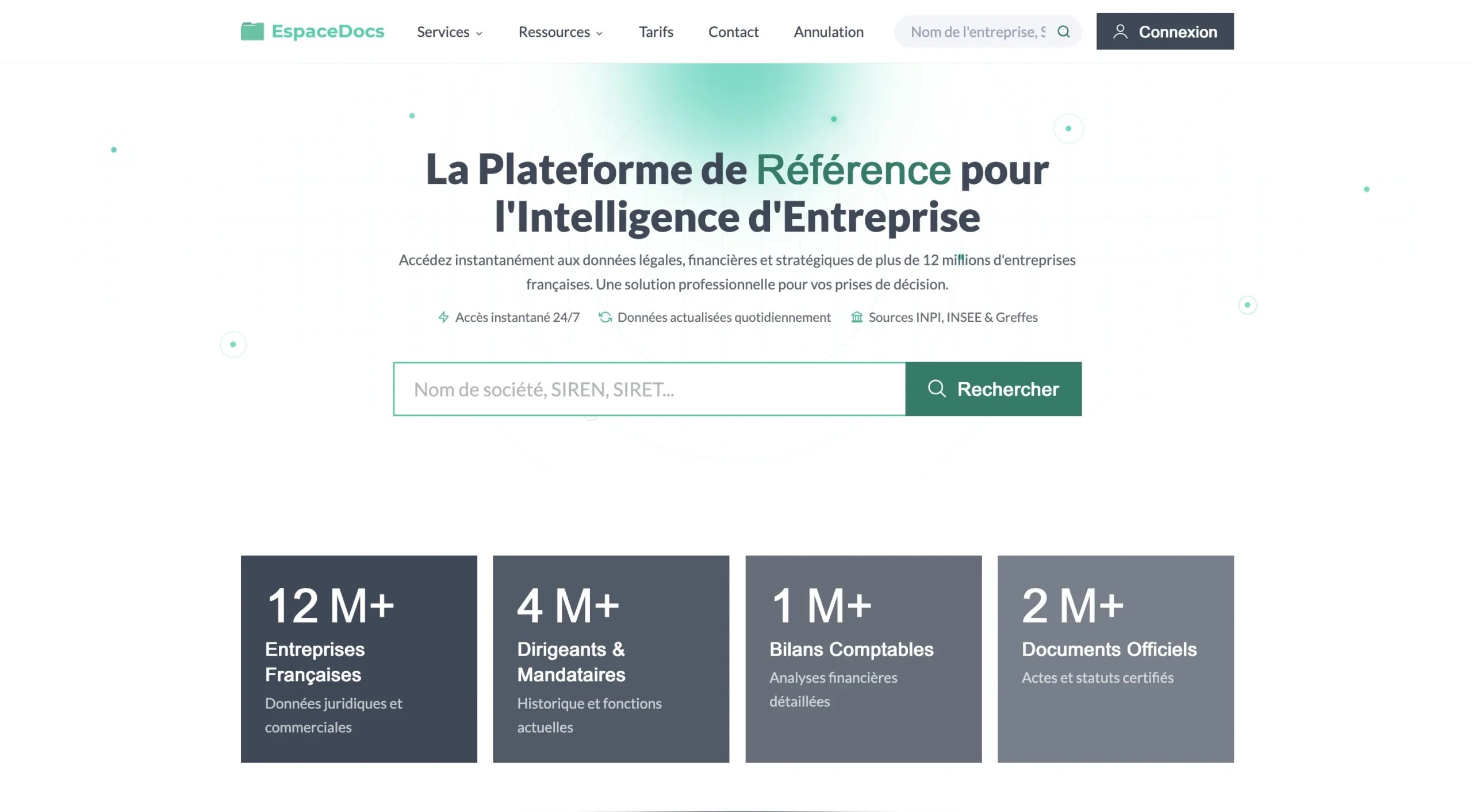 Capture d'écran de la plateforme BusinessData montrant des statistiques sur les entreprises françaises et les dirigeants.