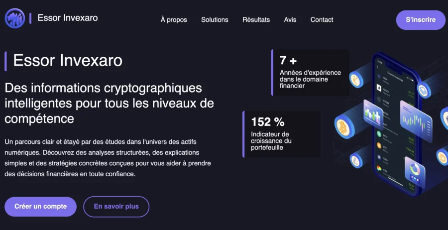 Interface web d'Essor Invexaro promouvant des outils de crypto-monnaie et affichant une croissance de portefeuille de 152 %.