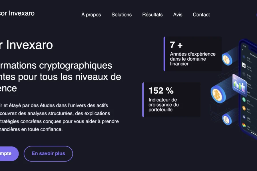 Interface web d'Essor Invexaro promouvant des outils de crypto-monnaie et affichant une croissance de portefeuille de 152 %.
