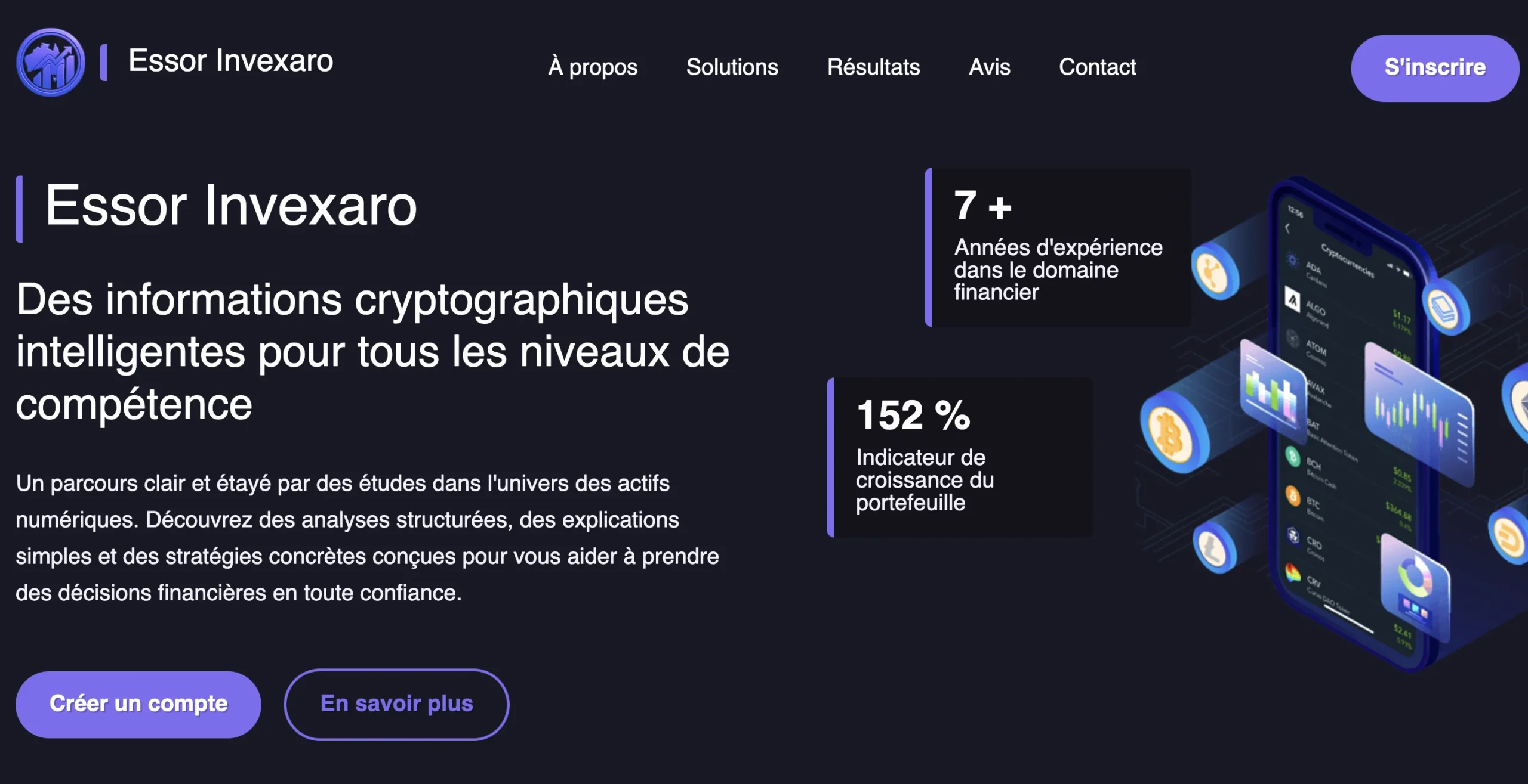 Interface web d'Essor Invexaro promouvant des outils de crypto-monnaie et affichant une croissance de portefeuille de 152 %.