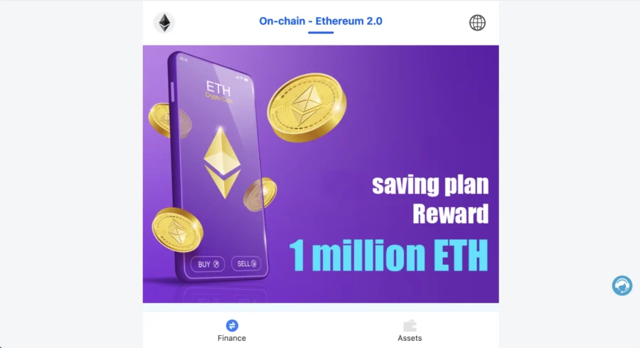 Bannière publicitaire pour un plan d'épargne Ethereum promettant une récompense de 1 million d'ETH.