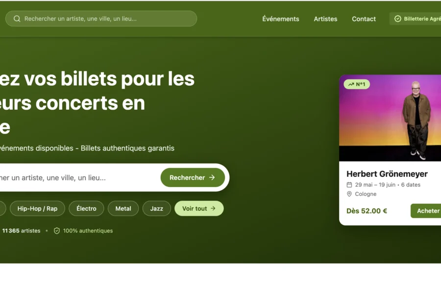 Site web Stickstabuy proposant l'achat de billets de concerts au nom d'artistes connus.