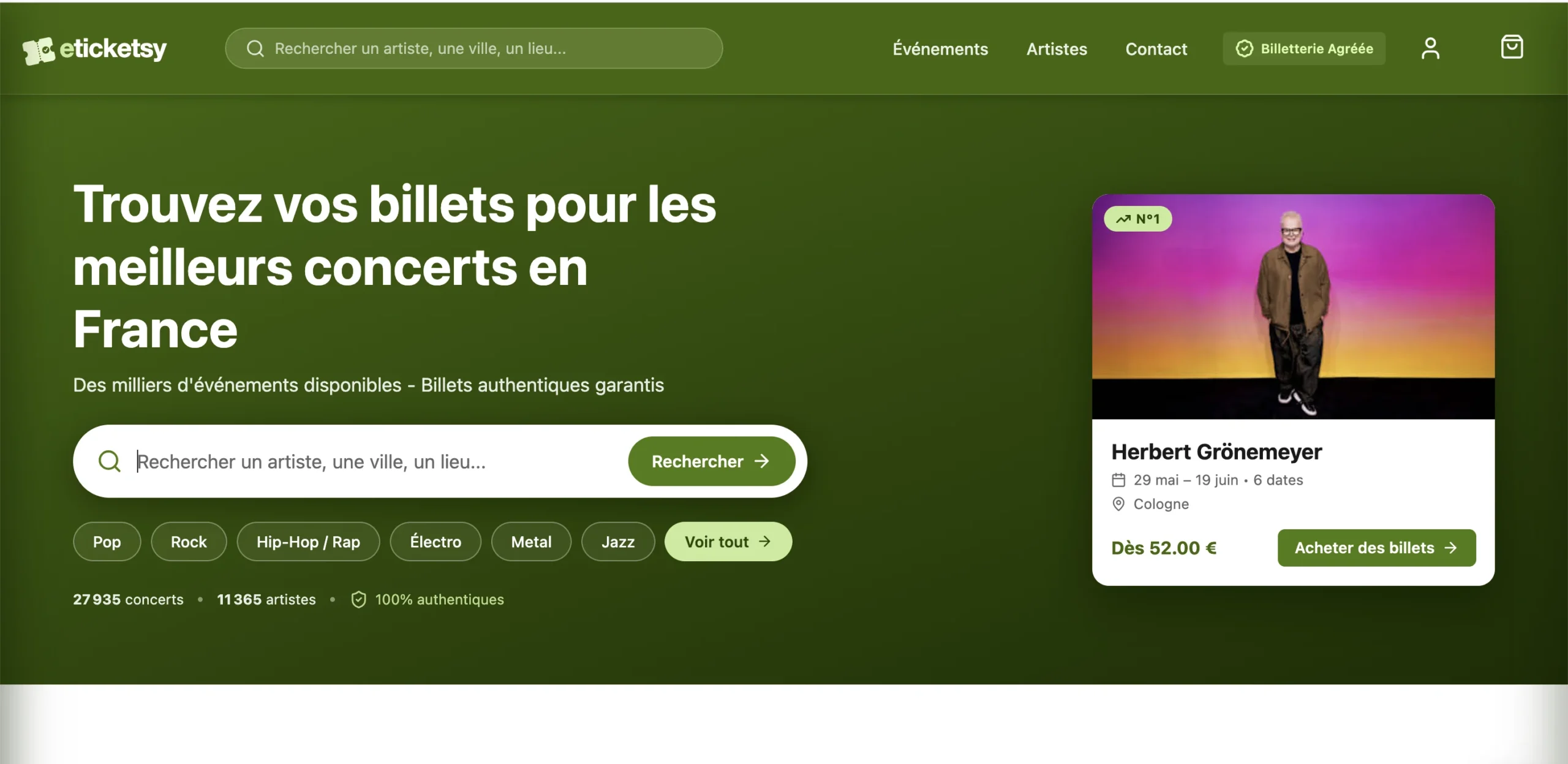 Site web Stickstabuy proposant l'achat de billets de concerts au nom d'artistes connus.
