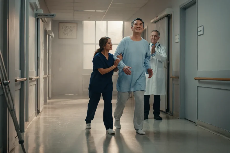 Un patient en tenue d hôpital est soutenu par une soignante dans un couloir tandis qu un médecin observe à l arrière-plan.