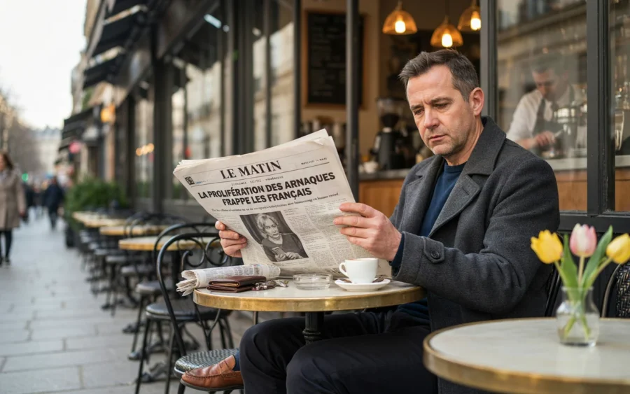 Un homme en manteau noir lit Le Matin à l’extérieur d’un café parisien, avec tulipes et café sur la table.