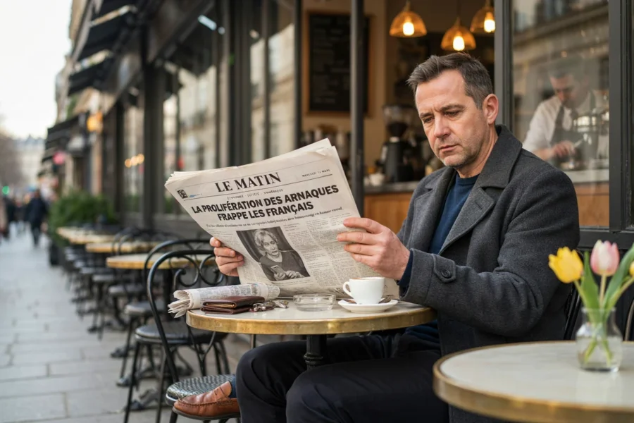 Un homme en manteau noir lit Le Matin à l’extérieur d’un café parisien, avec tulipes et café sur la table.