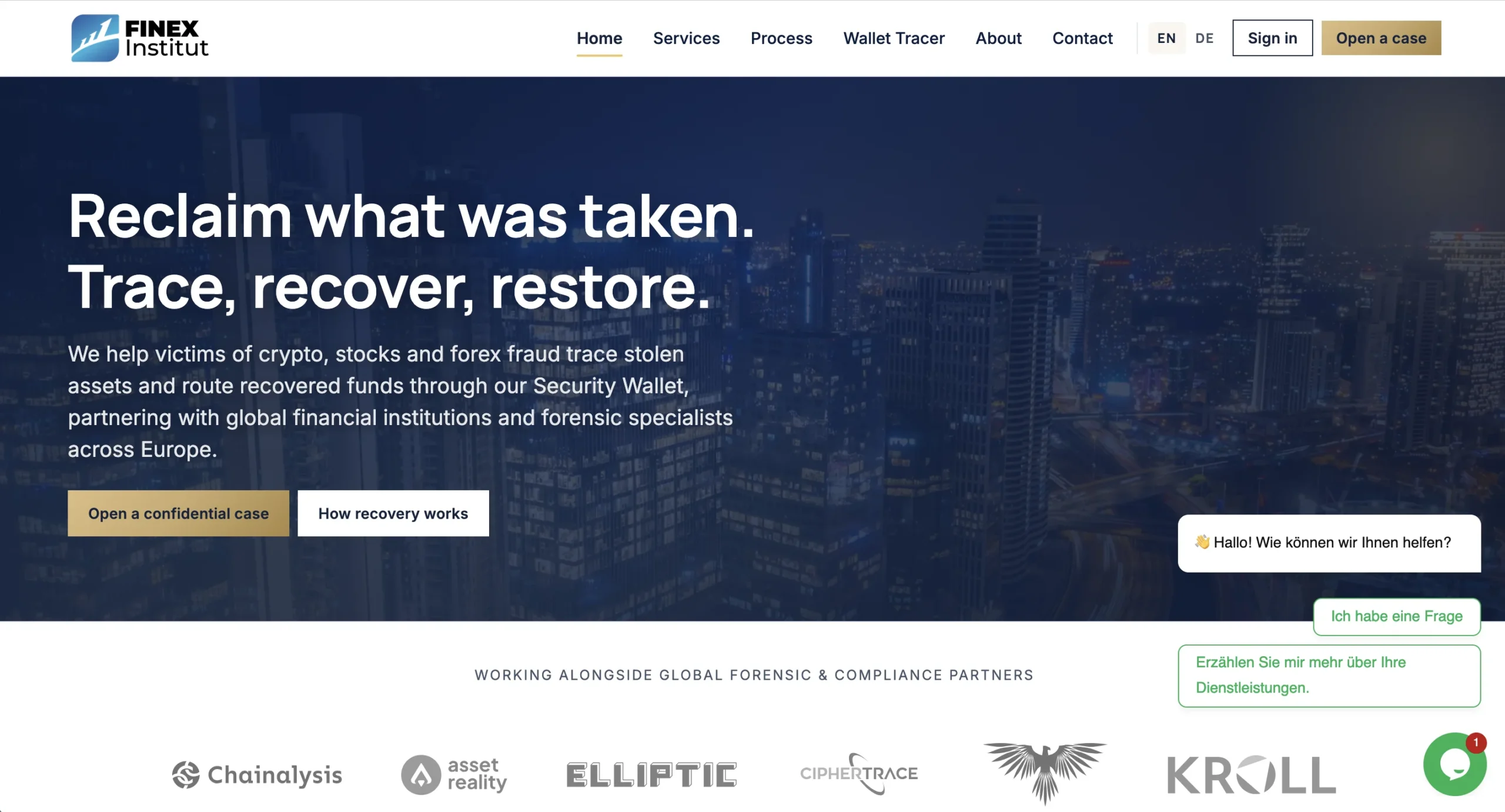 Page web de Finex Invest proposant des services de récupération de fonds choqués par desarnaques, avec des logos de partenaires tels qu'Elliptic et Kröll.