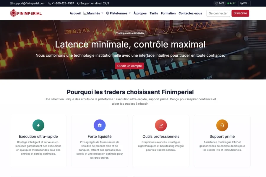 Site web de Finimperial présentant des arguments en faveur du trading en ligne.