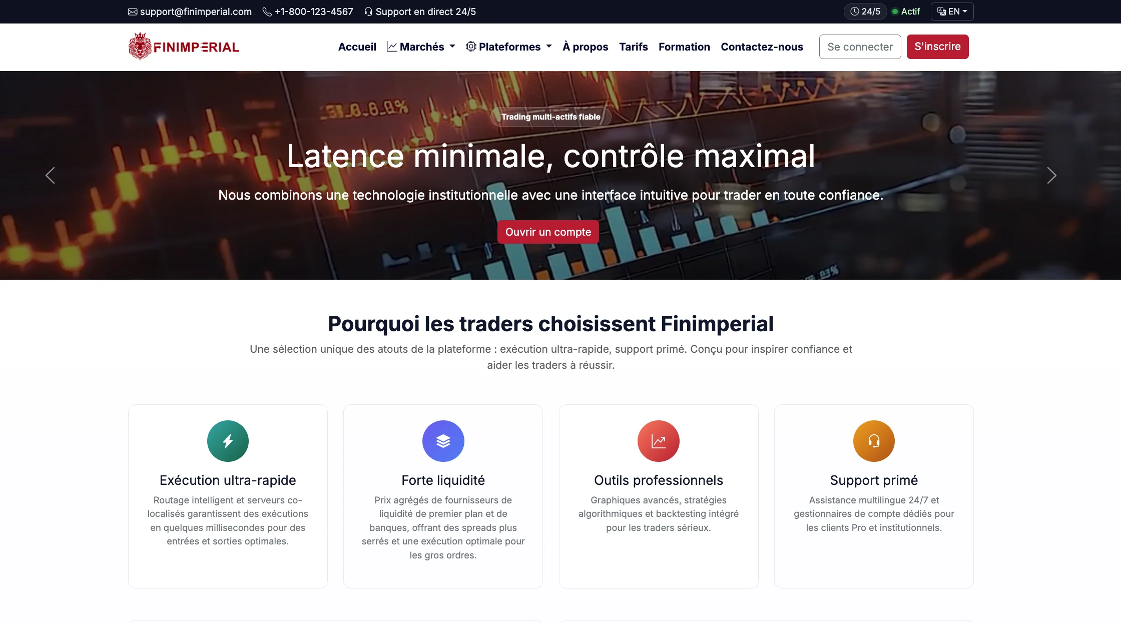 Site web de Finimperial présentant des arguments en faveur du trading en ligne.