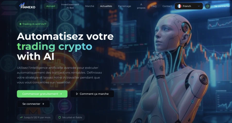 Landing page de trading crypto avec intelligence artificielle présentant un robot humanoïde et des graphiques boursiers.