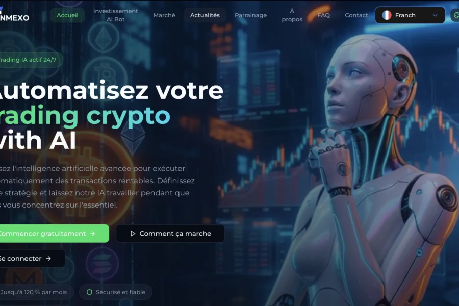 Landing page de trading crypto avec intelligence artificielle présentant un robot humanoïde et des graphiques boursiers.