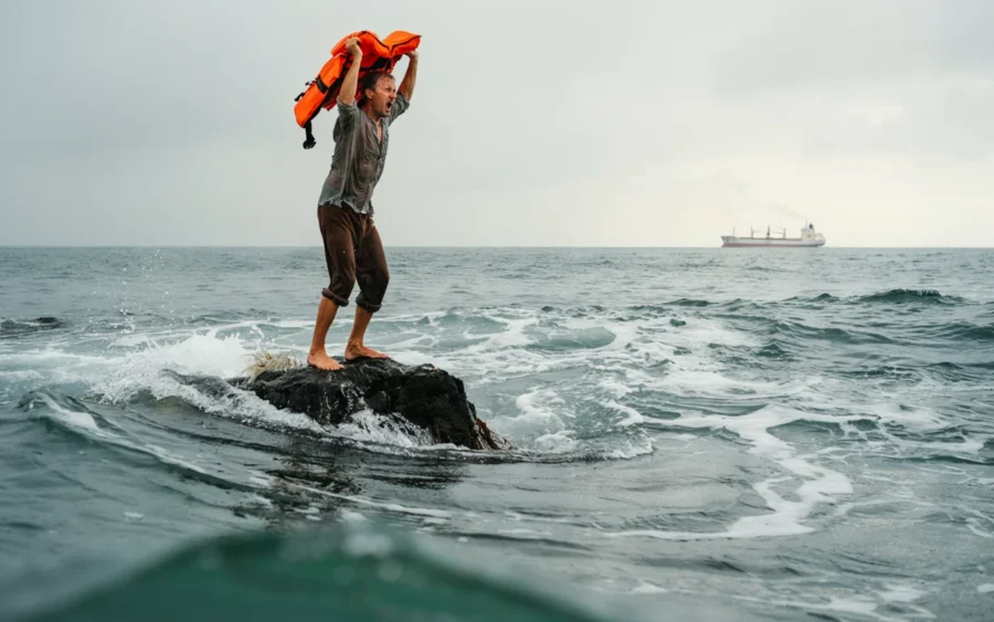 Un homme se dresse sur un rocher au milieu de l’océan en agitant un gilet de sauvetage orange, tandis qu’un cargo l’observe lointainement.