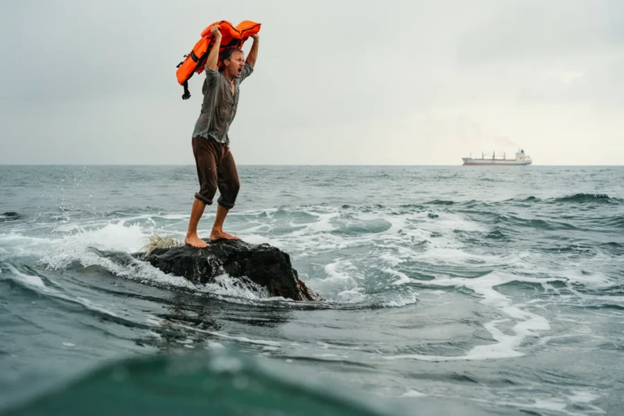 Un homme se dresse sur un rocher au milieu de l’océan en agitant un gilet de sauvetage orange, tandis qu’un cargo l’observe lointainement.