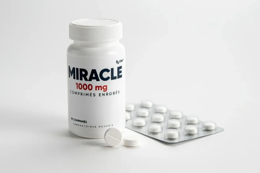 Bouteille blanche de compléments alimentaires Miracle 1000 mg avec des comprimés et une plaque d'alvéoles.