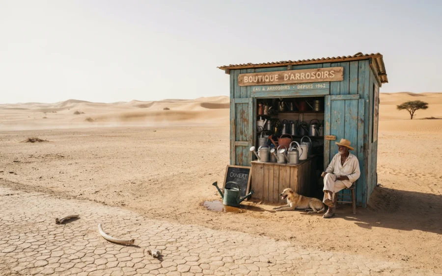 Échoppe en bois délabrée baptisée Boutique Darès, isolée au milieu d'un paysage désertique aride et fissuré.