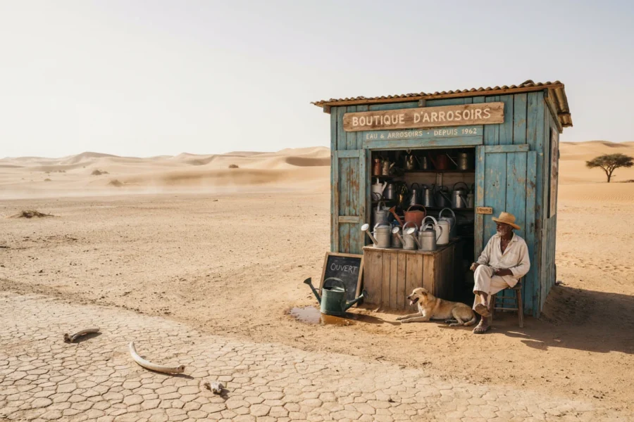 Échoppe en bois délabrée baptisée Boutique Darès, isolée au milieu d'un paysage désertique aride et fissuré.