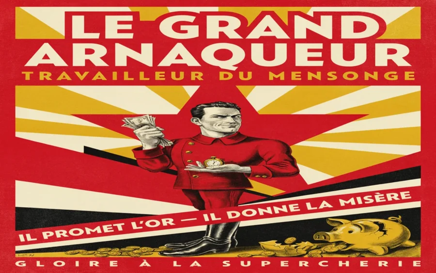 Poster vintage accusant un personnage en uniforme rouge d'être le grand arnaqueur, coiffé d'une couronne de pièces d'or.