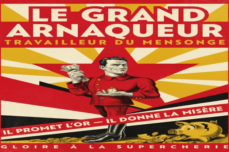 Poster vintage accusant un personnage en uniforme rouge d'être le grand arnaqueur, coiffé d'une couronne de pièces d'or.