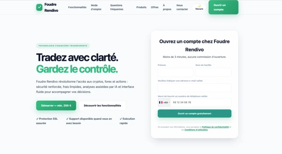 Capture d'écran du site Foudre Rendivo présentant une offre de compte en ligne avec un formulaire d'ouverture.