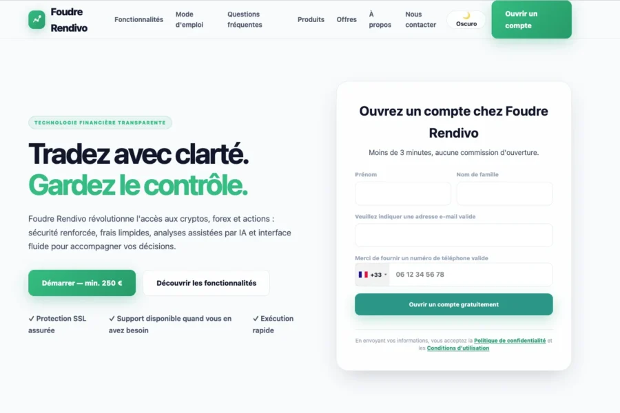 Capture d'écran du site Foudre Rendivo présentant une offre de compte en ligne avec un formulaire d'ouverture.