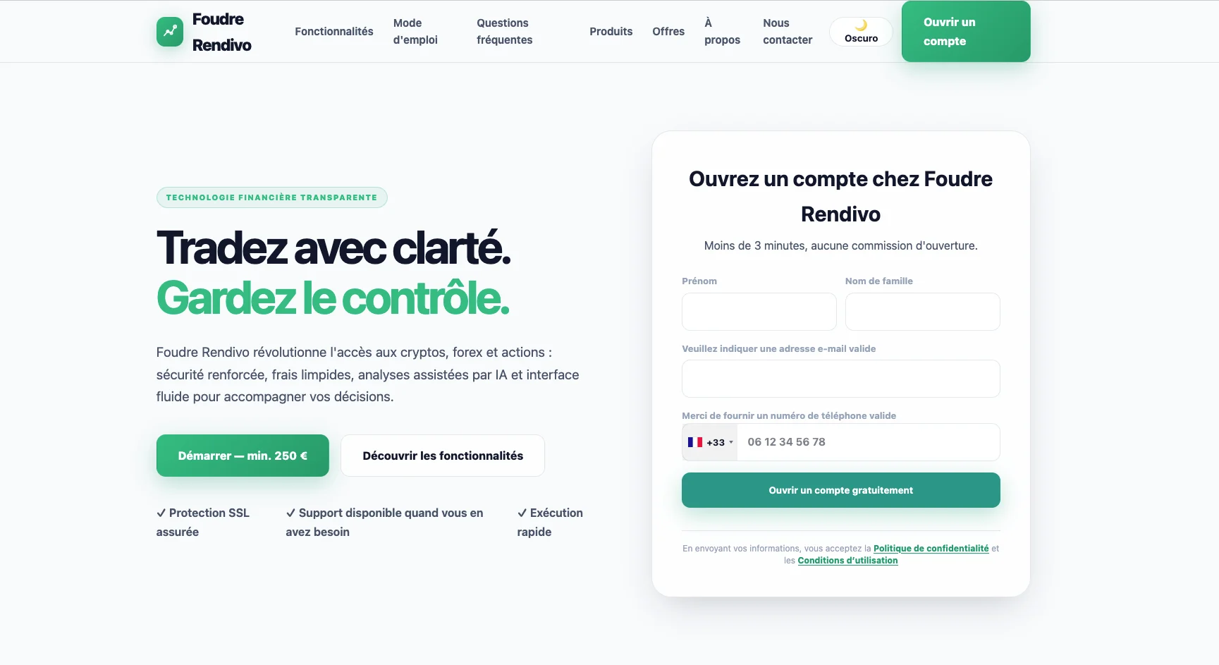 Capture d'écran du site Foudre Rendivo présentant une offre de compte en ligne avec un formulaire d'ouverture.