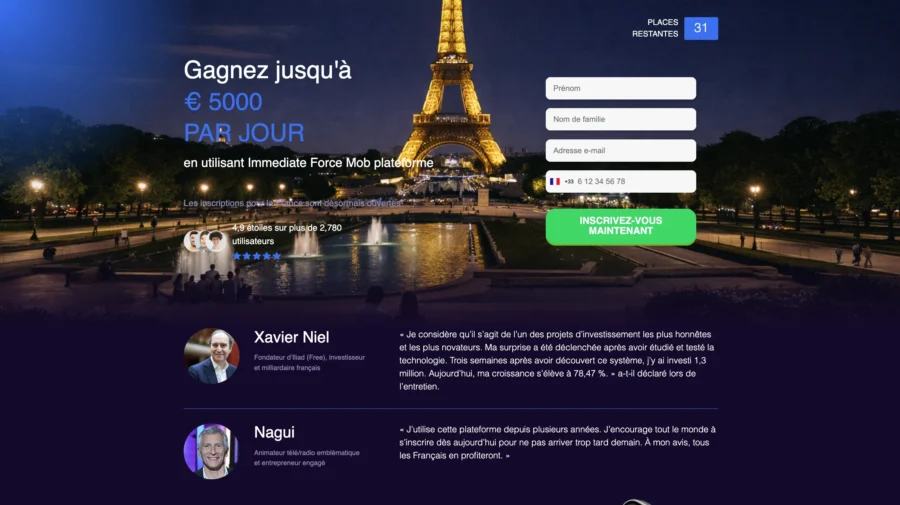 Page de renvoi Forex Instadax affitant la tour Eiffel la nuit, un formulaire d'inscription et les profils de Xavier Neil et Nagy.